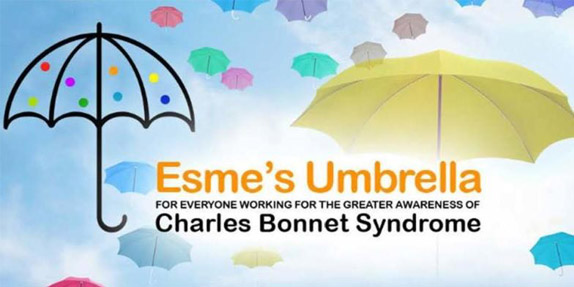 A drawing of an umbrella with teh words Esme's Umbrella for everyone workign for better understanding of Charles Bonnet Syndrome.