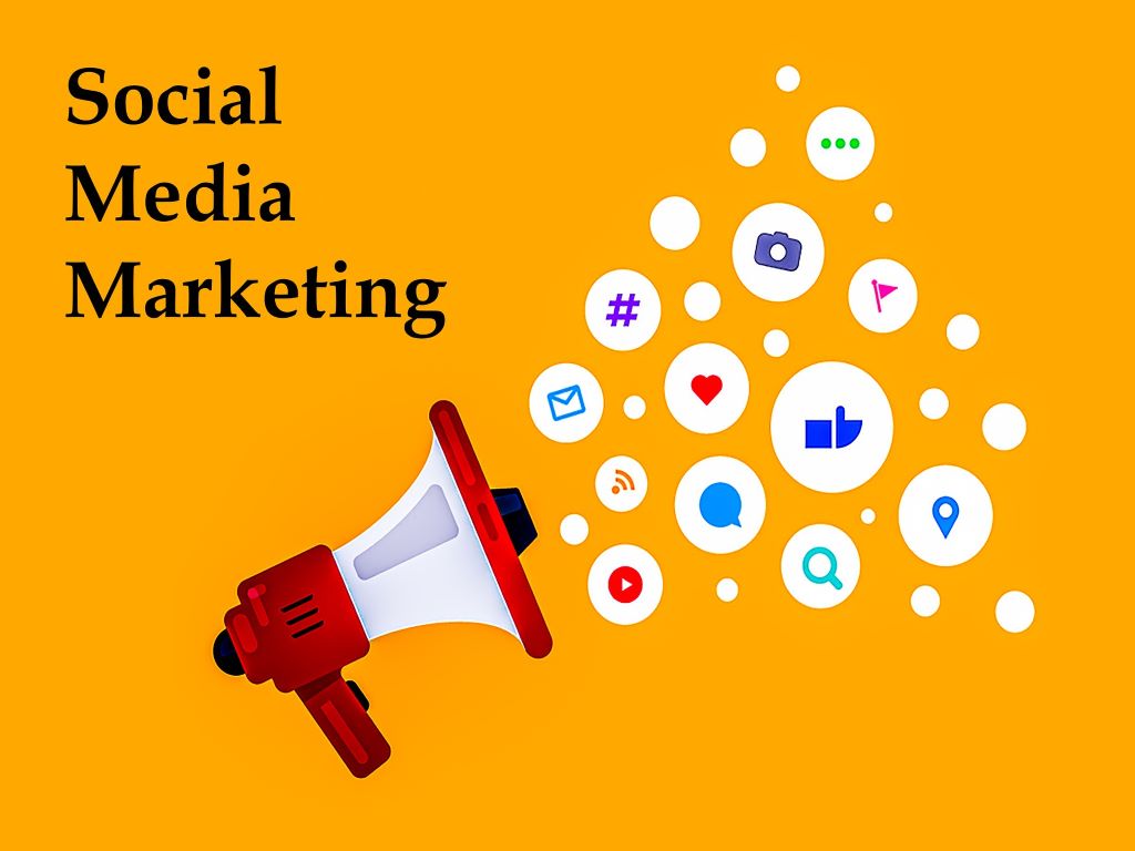 Drawing of a megaphone with various social media logos coming iut of it and the words social media marketing.