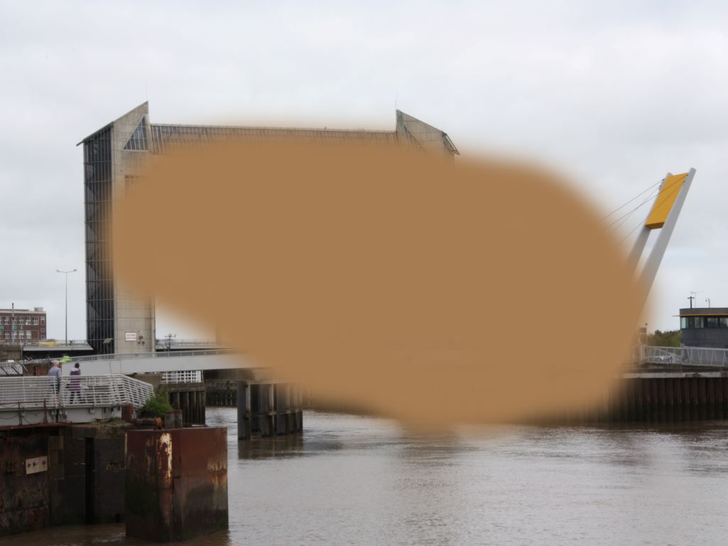 A view of Hull's tidal barrier with teh centre of the image blurred out.
