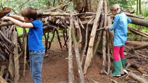 Two children in a wood building a den