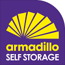 The words Armadillo Self storage in yellow against a purple background