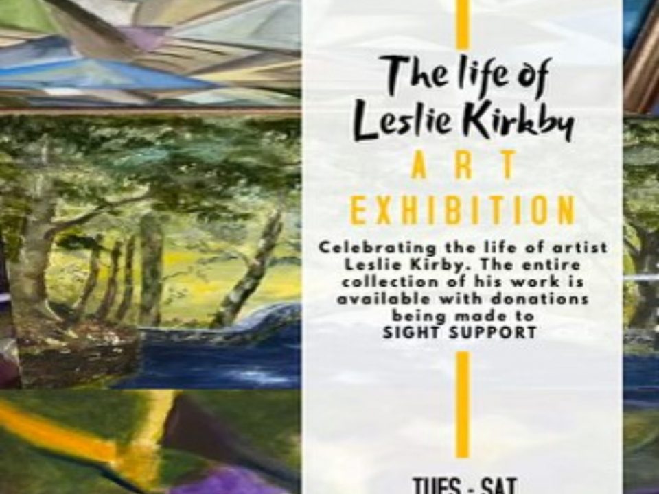 A poster advertising the life of Leslie Kirkby art exhibition