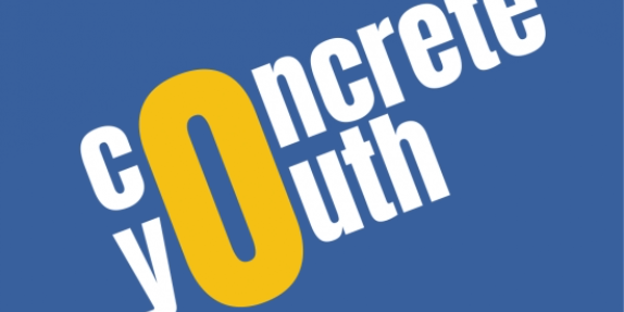 A blue brackground with the words Concrete Youth in yellow and white lettering