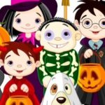 A cartoon drawing of children in halloween fancy dress as witches, skeletons, wizards and pumpkins