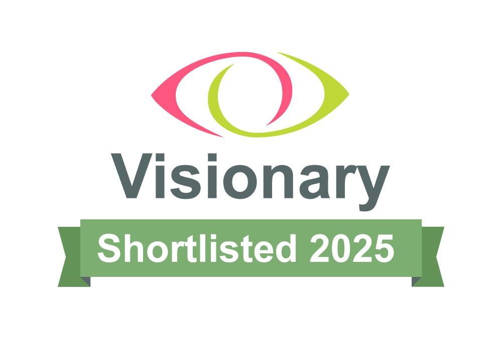 a red and green eye shaped l;ogo with the words Visionary Shortlisted 2025.