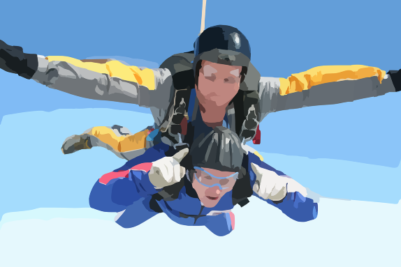 A cartoon of a person undertaking a tandem skydive